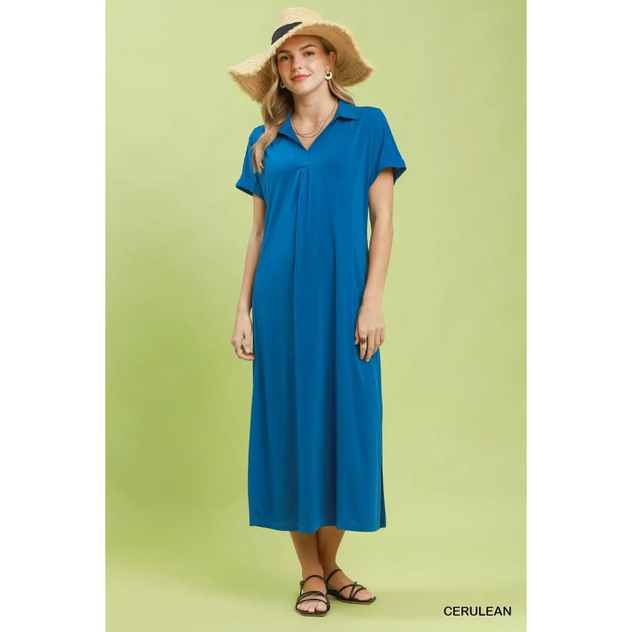 Umgee Collared Belted Midi Dress Apparel and Accessories
