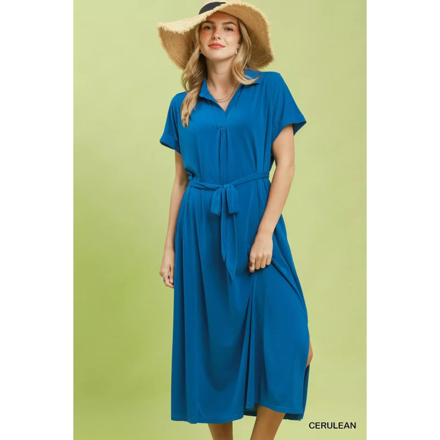 Umgee Collared Belted Midi Dress CERULEAN / S Apparel and Accessories