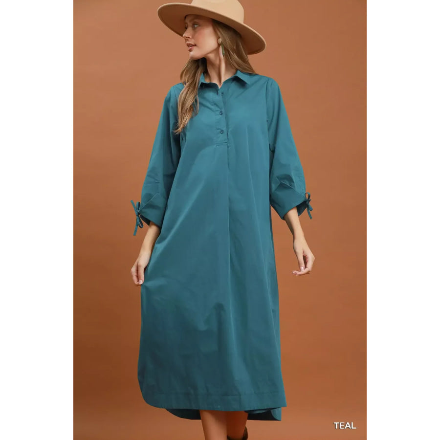 Umgee Collared Button Detail Relaxed Midi Dress Apparel and Accessories