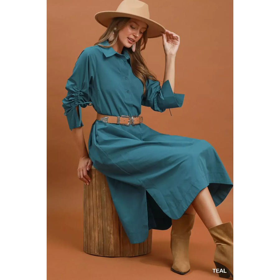 Umgee Collared Button Detail Relaxed Midi Dress Apparel and Accessories