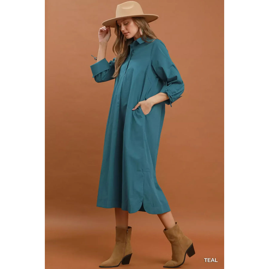 Umgee Collared Button Detail Relaxed Midi Dress Apparel and Accessories