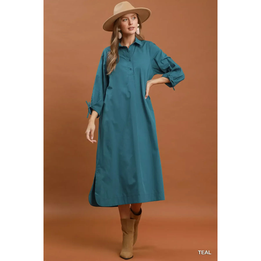 Umgee Collared Button Detail Relaxed Midi Dress TEAL / S Apparel and Accessories