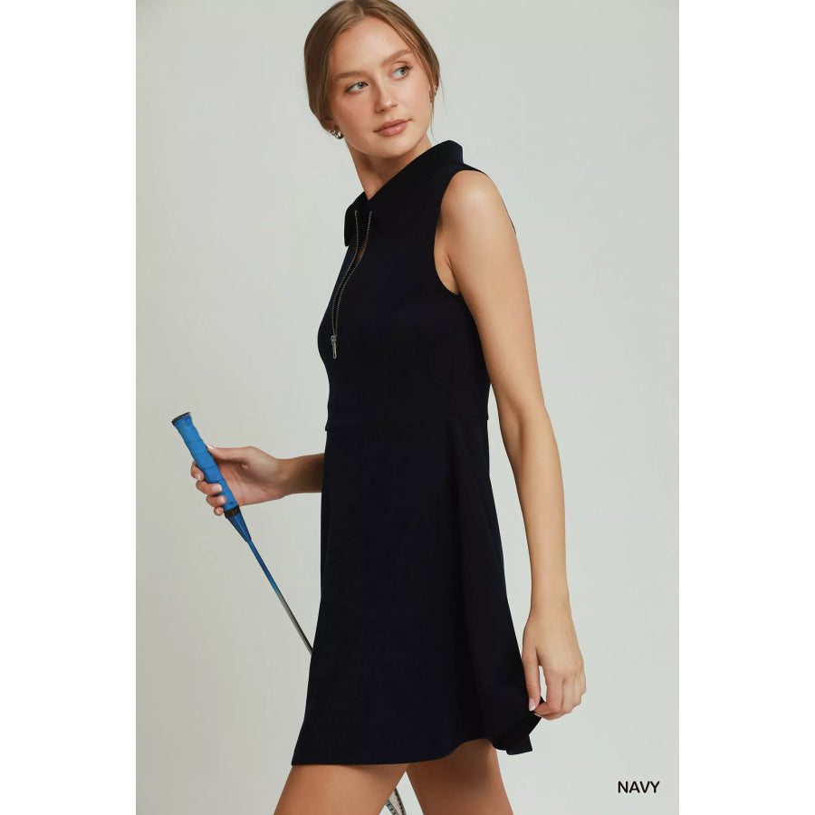 Umgee Collared Quarter Zip Tennis Dress Navy / S Apparel and Accessories