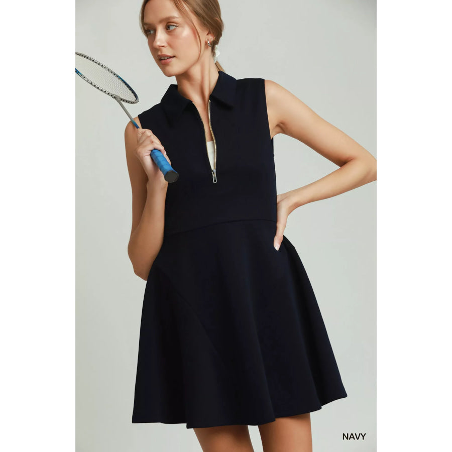 Umgee Collared Quarter Zip Tennis Dress Navy / S Apparel and Accessories