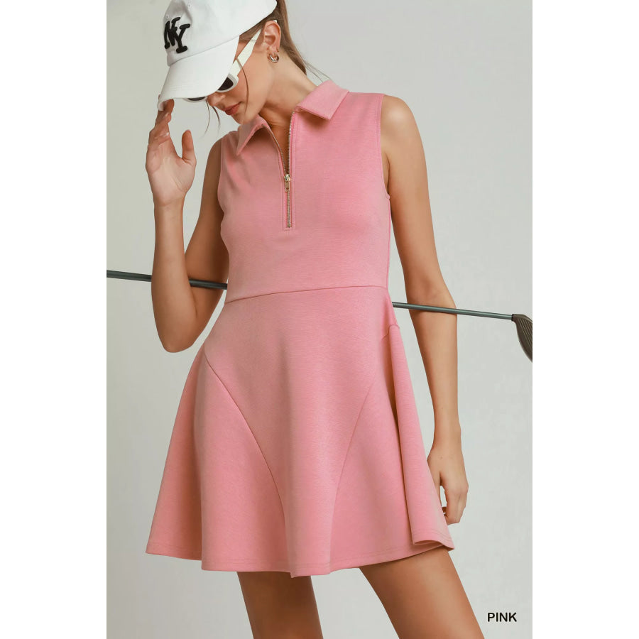 Umgee Collared Quarter Zip Tennis Dress Pink / S Apparel and Accessories