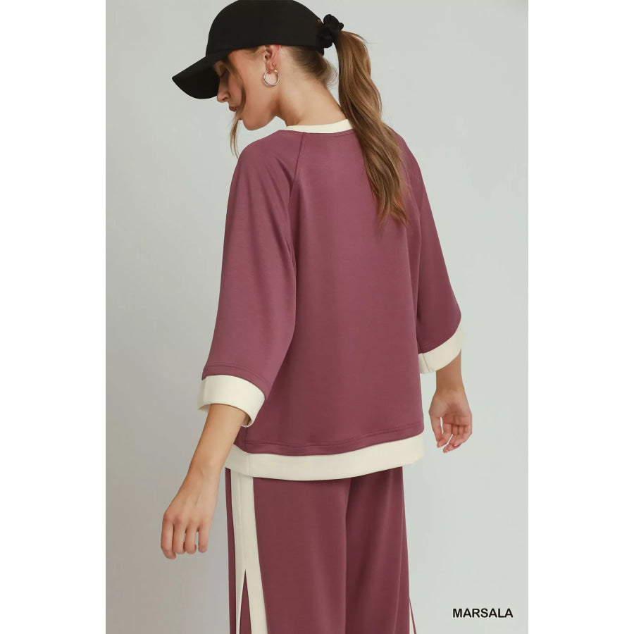 Umgee Colorblock Crewneck Raglan Sleeve Top Apparel and Accessories