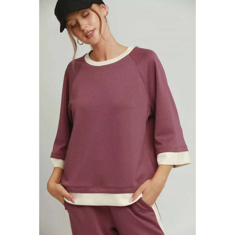 Umgee Colorblock Crewneck Raglan Sleeve Top MARSALA / S Apparel and Accessories