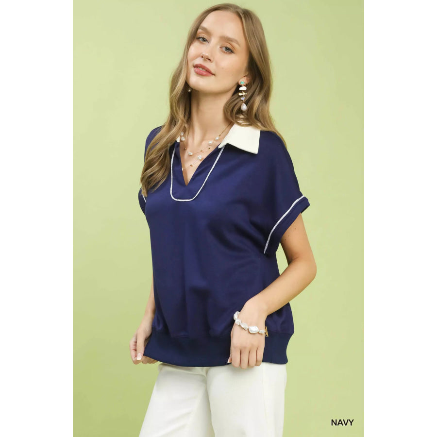 Umgee Contrast Collar Soft Knit Polo Top NAVY / S Apparel and Accessories