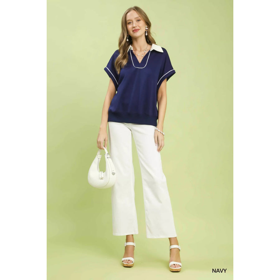 Umgee Contrast Collar Soft Knit Polo Top Apparel and Accessories