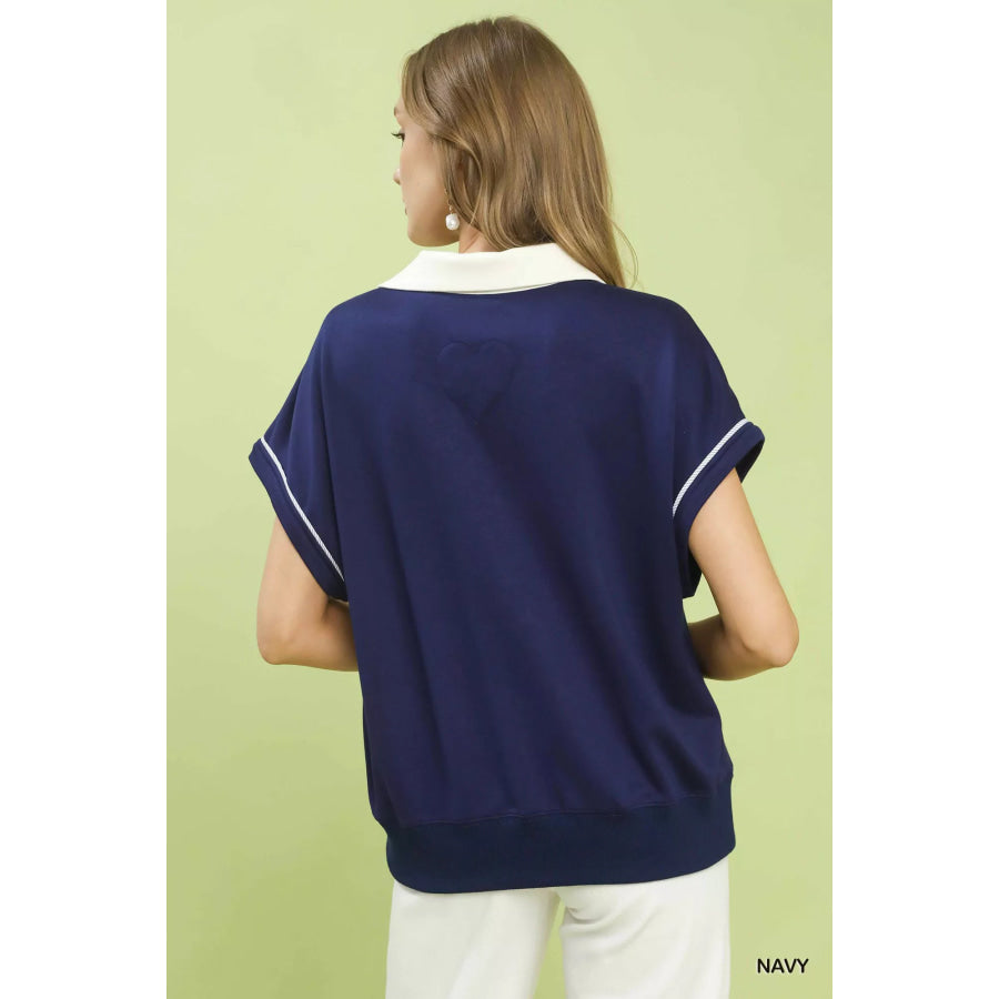 Umgee Contrast Collar Soft Knit Polo Top Apparel and Accessories