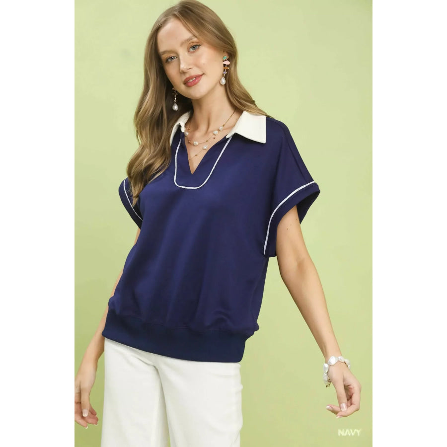 Umgee Contrast Collar Soft Knit Polo Top NAVY / S Apparel and Accessories