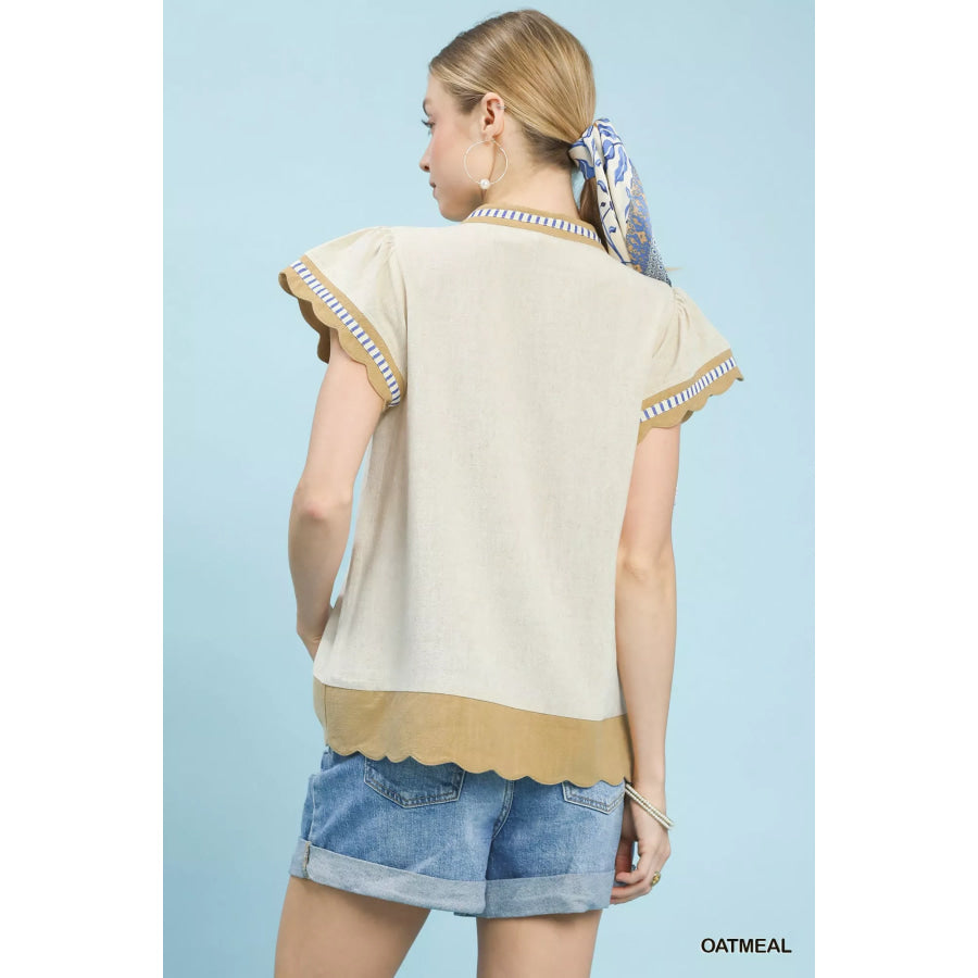 Umgee Contrast Scallop Trim Top Apparel and Accessories