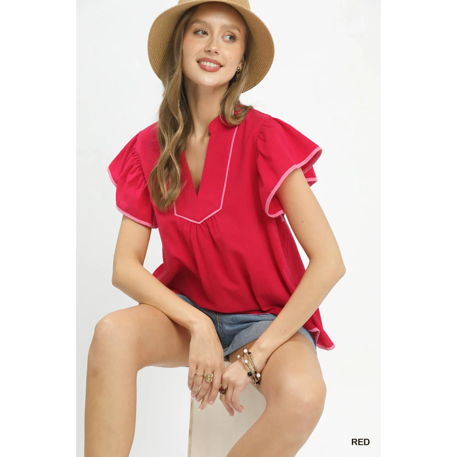 Umgee Contrast Trim Babydoll Blouse Apparel and Accessories