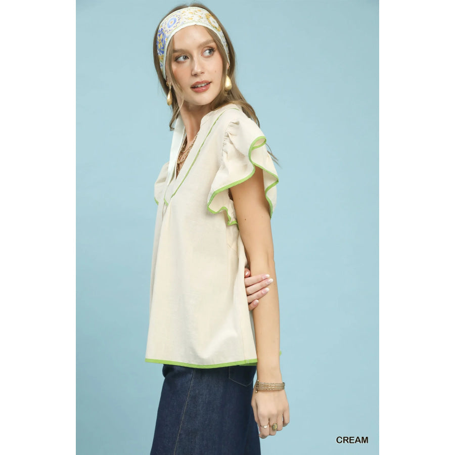 Umgee Contrast Trim Babydoll Blouse CREAM / S Apparel and Accessories