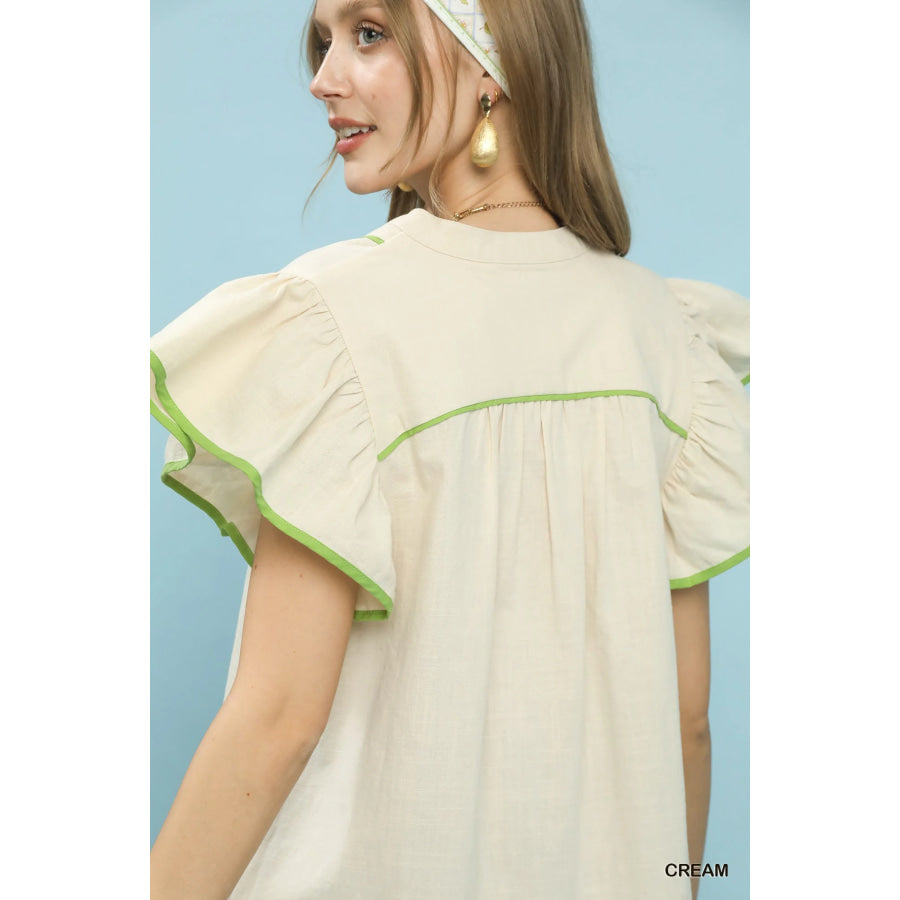 Umgee Contrast Trim Babydoll Blouse Apparel and Accessories