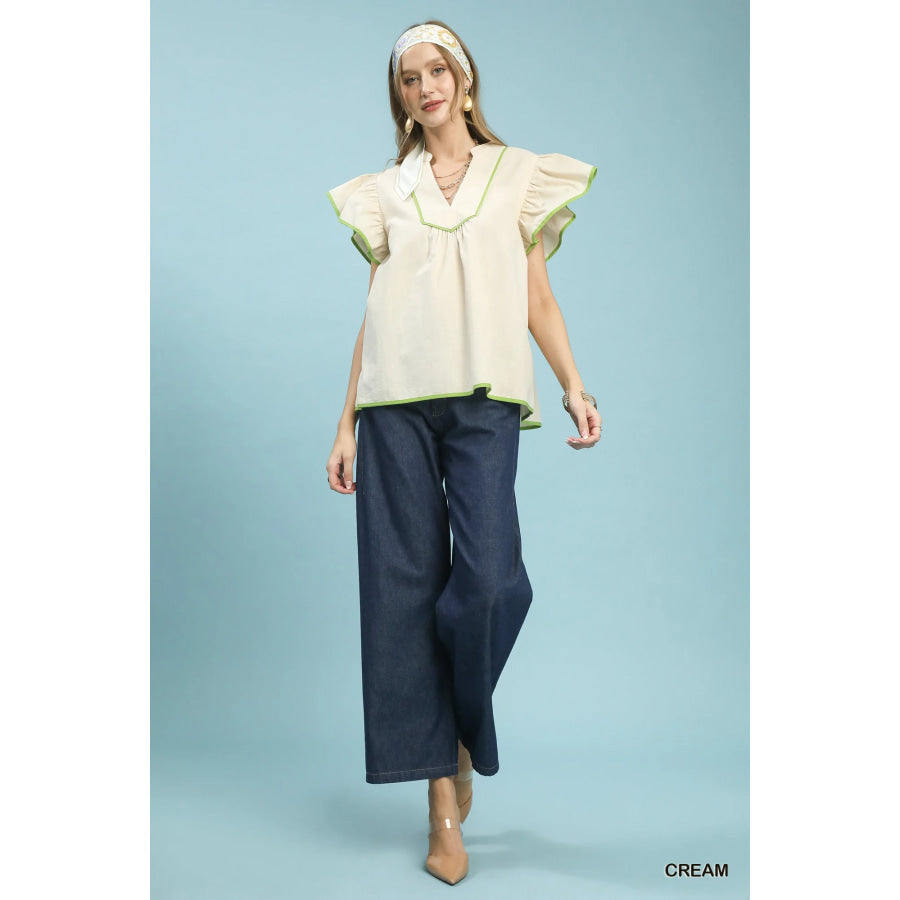 Umgee Contrast Trim Babydoll Blouse Apparel and Accessories