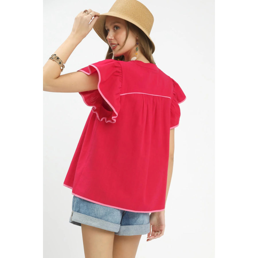 Umgee Contrast Trim Babydoll Blouse Apparel and Accessories