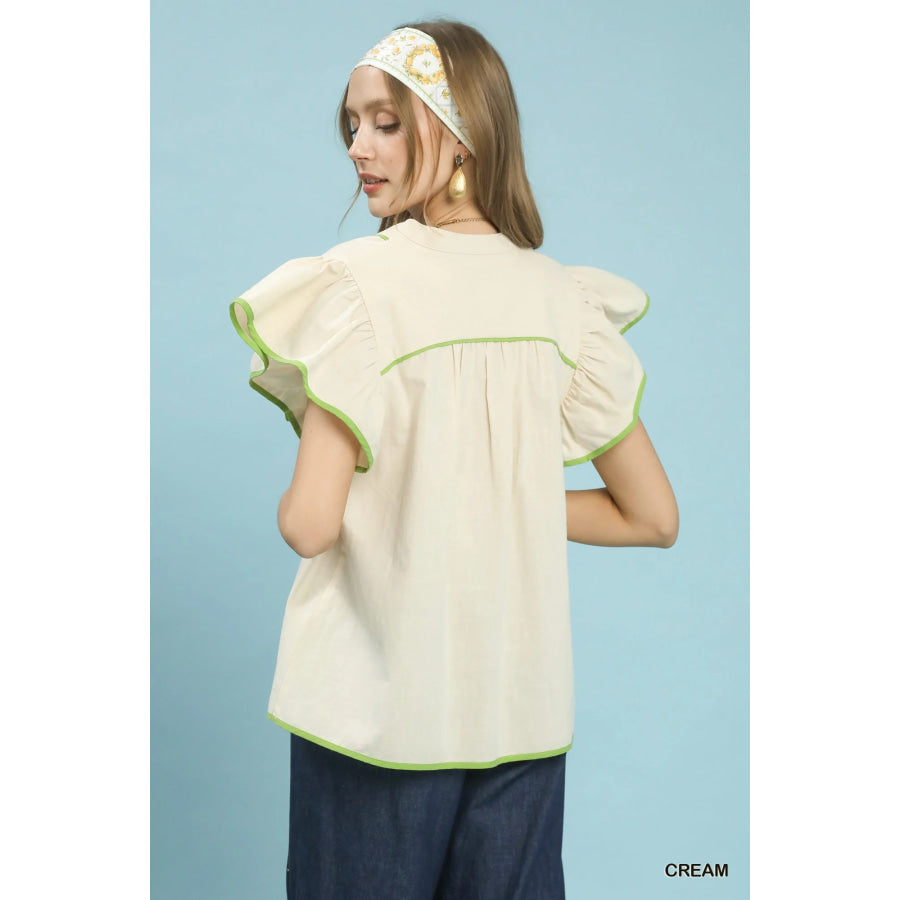 Umgee Contrast Trim Babydoll Blouse Apparel and Accessories