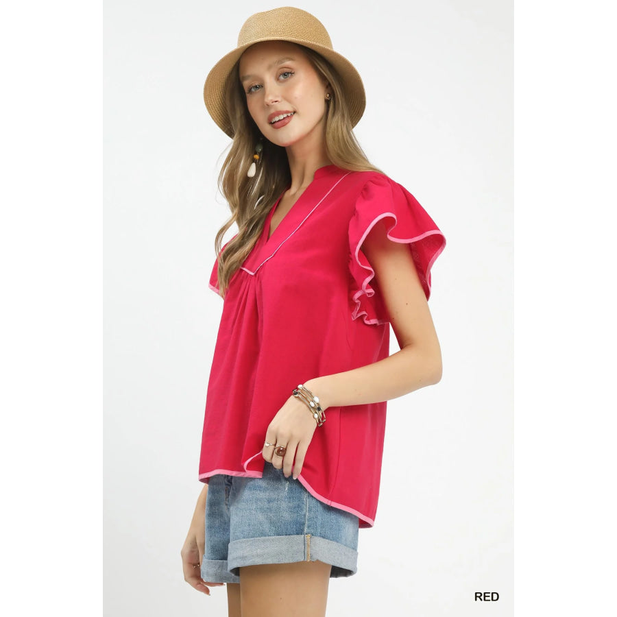 Umgee Contrast Trim Babydoll Blouse Red / S Apparel and Accessories