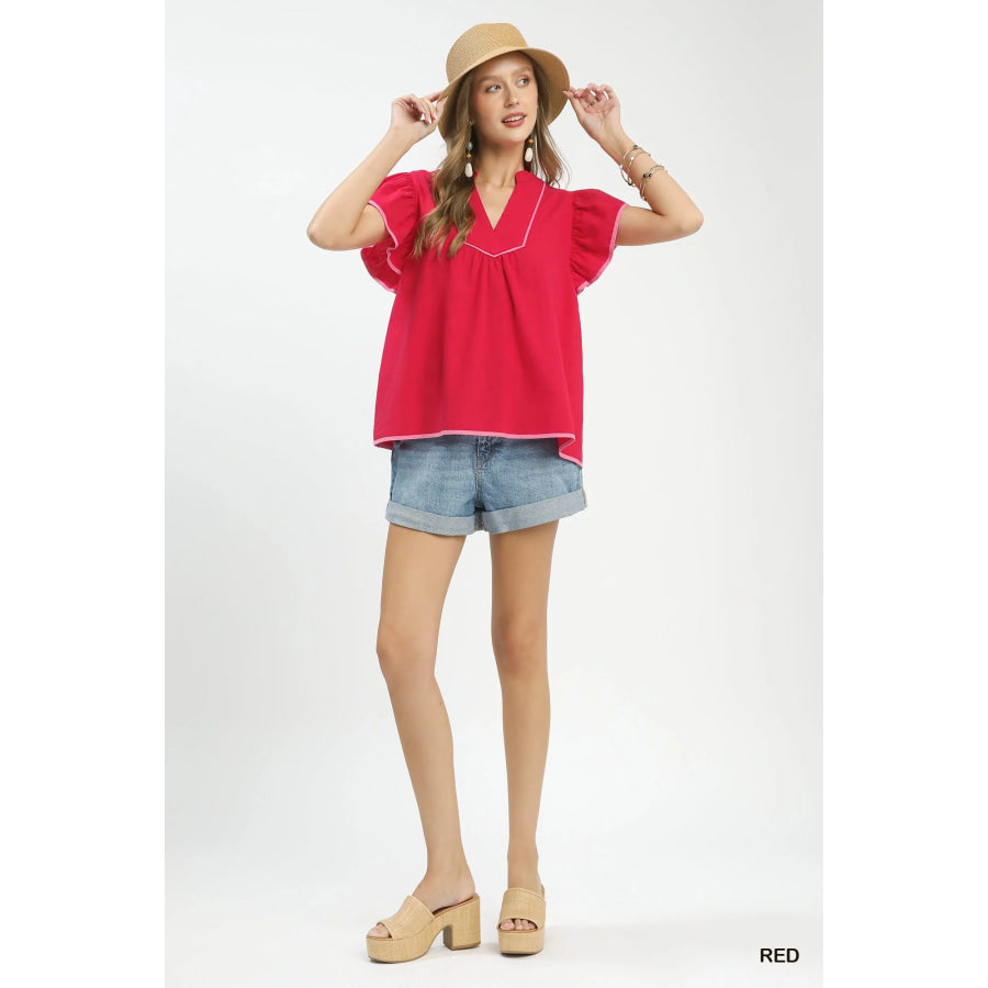 Umgee Contrast Trim Babydoll Blouse Apparel and Accessories