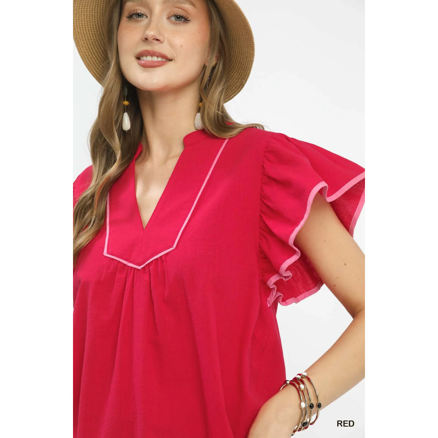 Umgee Contrast Trim Babydoll Blouse Apparel and Accessories