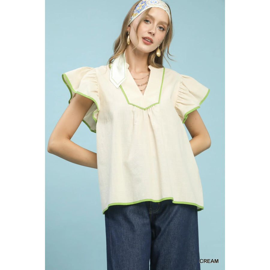Umgee Contrast Trim Babydoll Blouse CREAM / S Apparel and Accessories