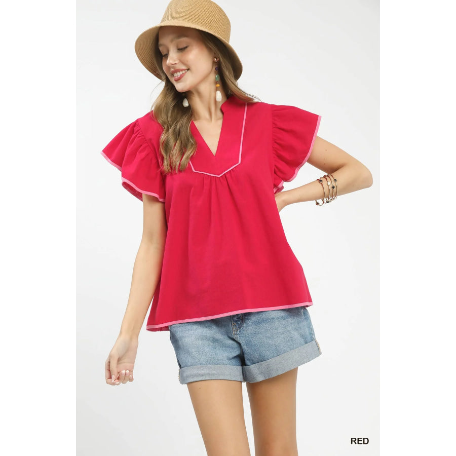 Umgee Contrast Trim Babydoll Blouse Red / S Apparel and Accessories