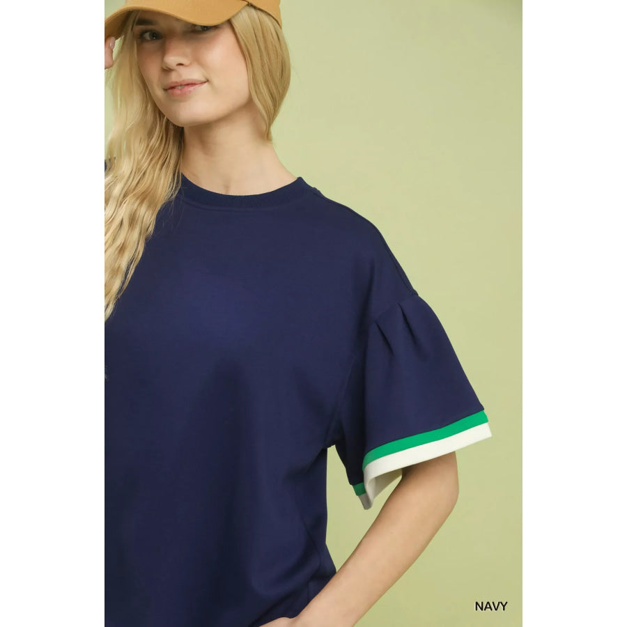 Umgee Contrast Trim Bell Sleeve Top Apparel and Accessories