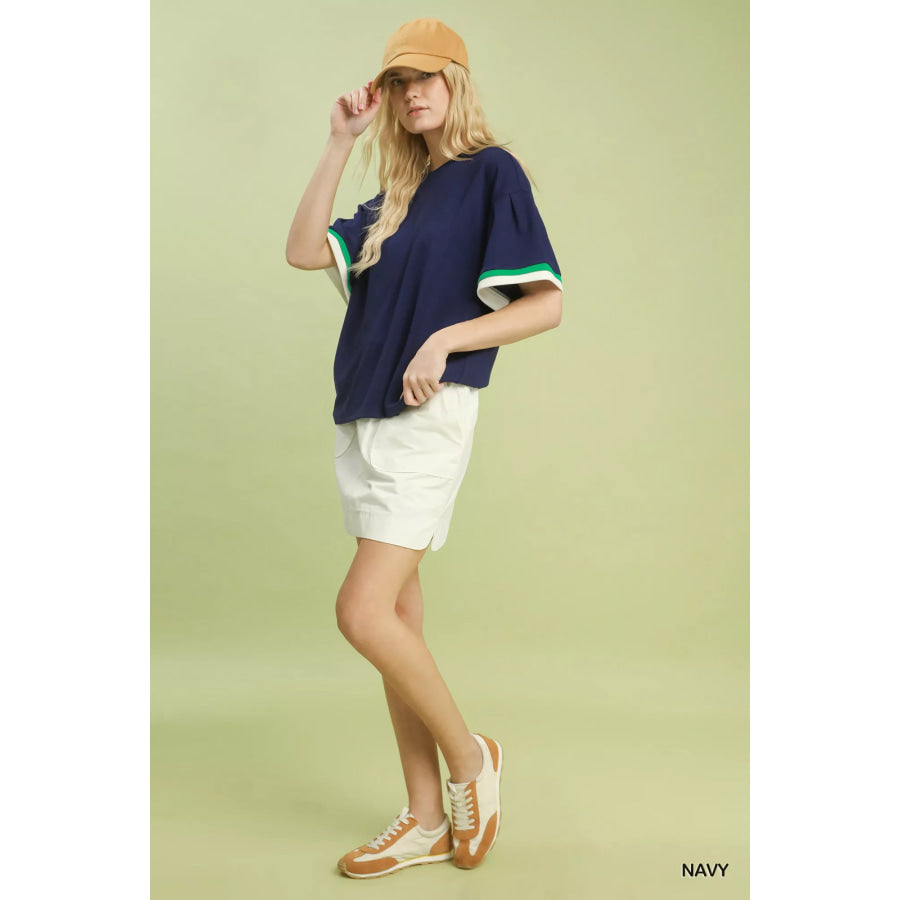 Umgee Contrast Trim Bell Sleeve Top Apparel and Accessories