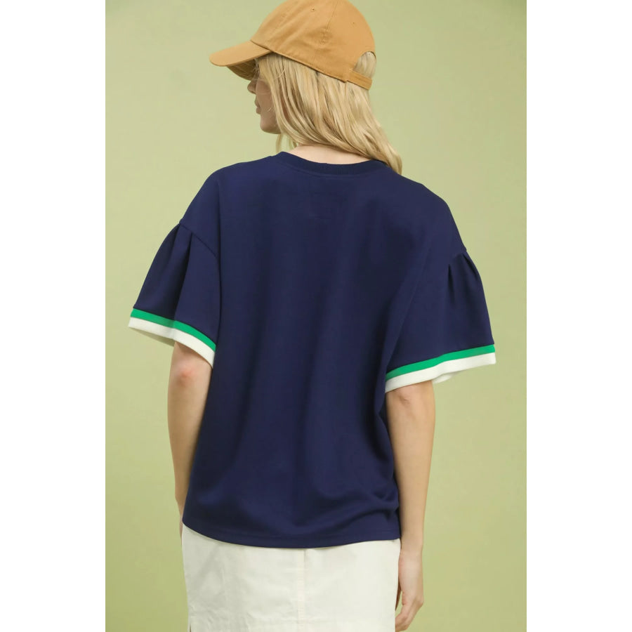 Umgee Contrast Trim Bell Sleeve Top Apparel and Accessories