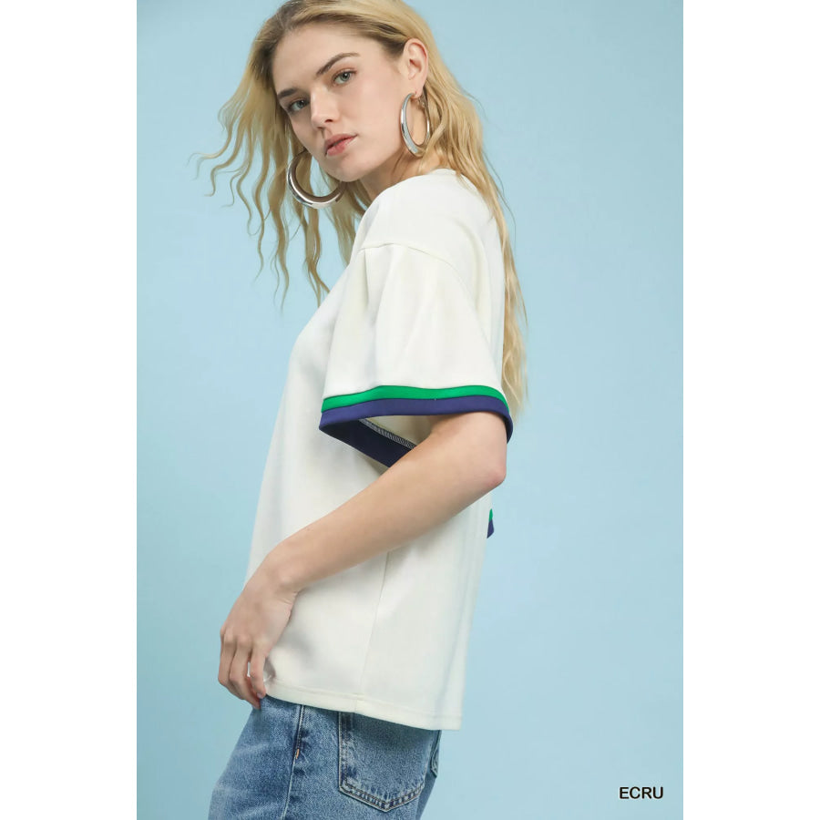 Umgee Contrast Trim Bell Sleeve Top Apparel and Accessories