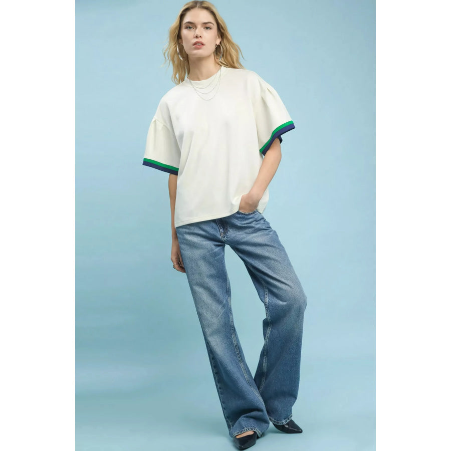 Umgee Contrast Trim Bell Sleeve Top Apparel and Accessories