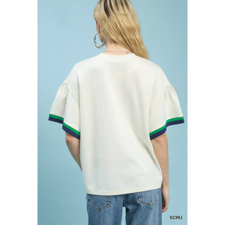 Umgee Contrast Trim Bell Sleeve Top Apparel and Accessories