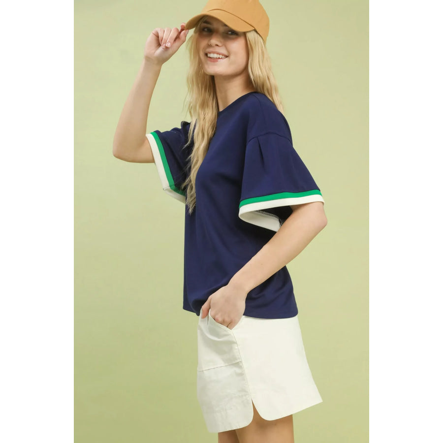 Umgee Contrast Trim Bell Sleeve Top Apparel and Accessories