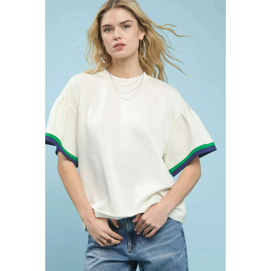 Umgee Contrast Trim Bell Sleeve Top ECRU / S Apparel and Accessories