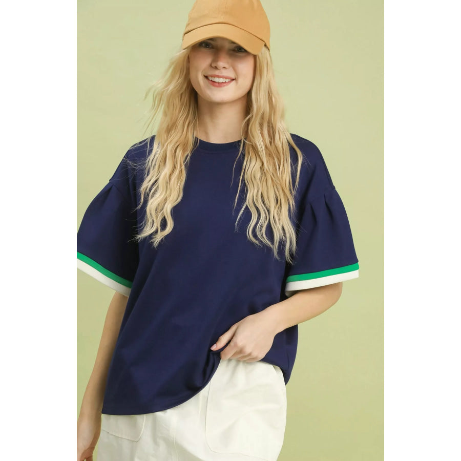 Umgee Contrast Trim Bell Sleeve Top NAVY / S Apparel and Accessories
