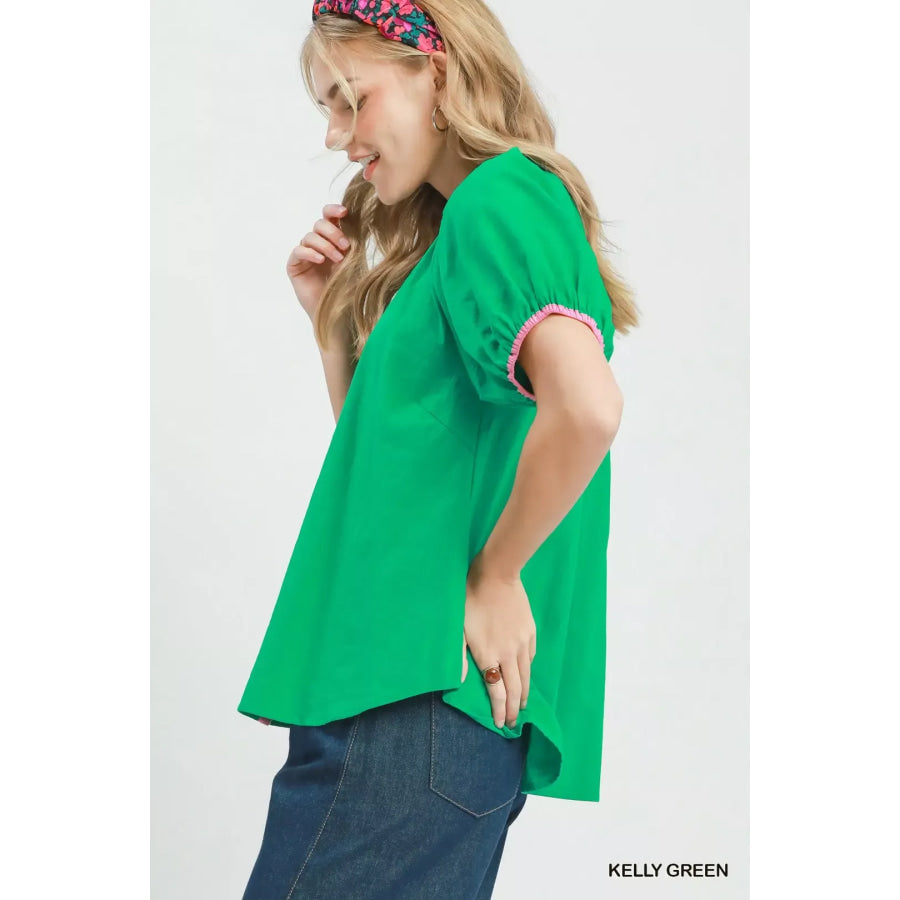 Umgee Contrast Trim Button Front Puff Sleeve Blouse KELLY GREEN / S Apparel and Accessories