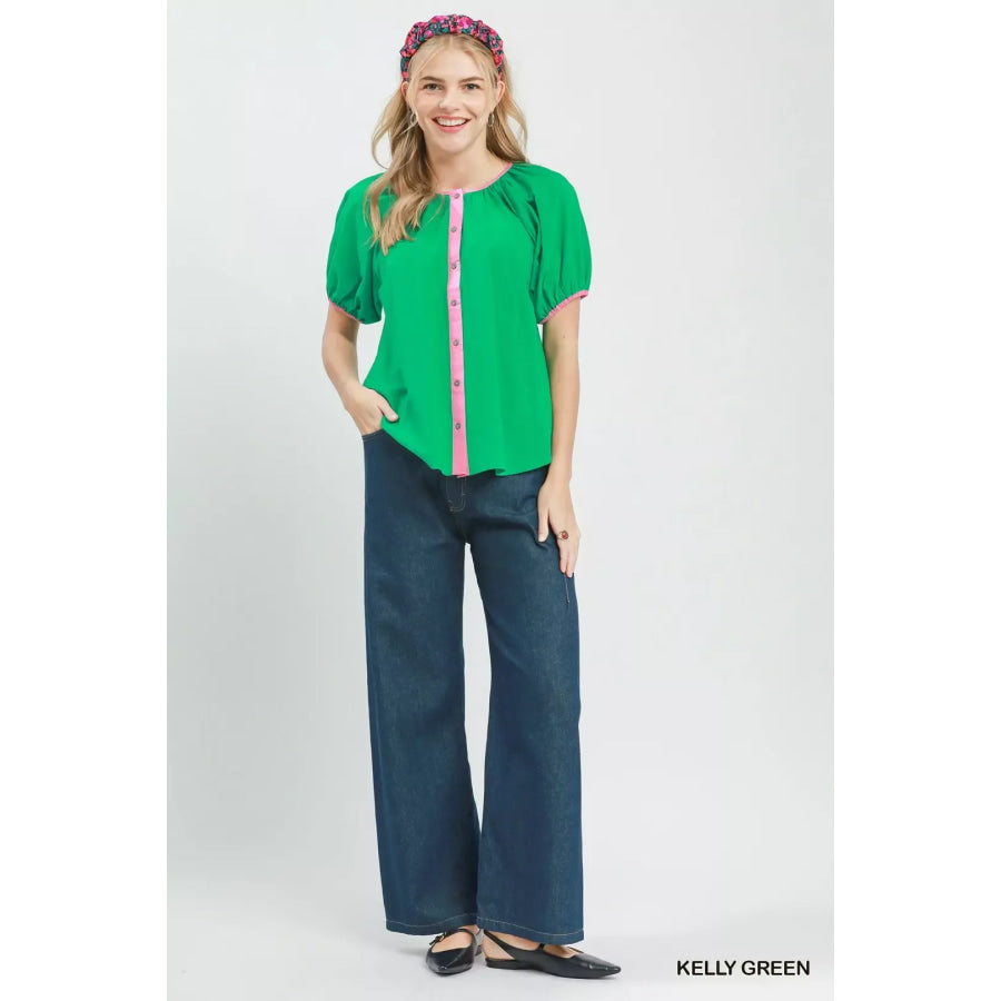 Umgee Contrast Trim Button Front Puff Sleeve Blouse Apparel and Accessories