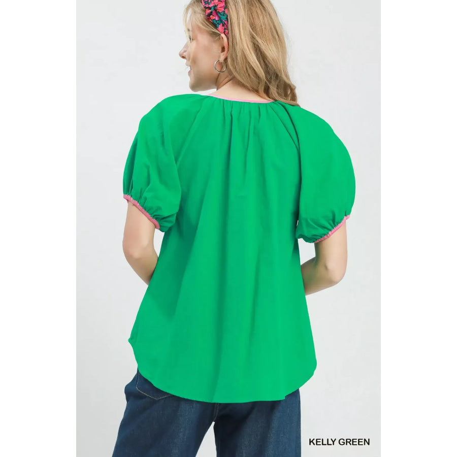 Umgee Contrast Trim Button Front Puff Sleeve Blouse Apparel and Accessories