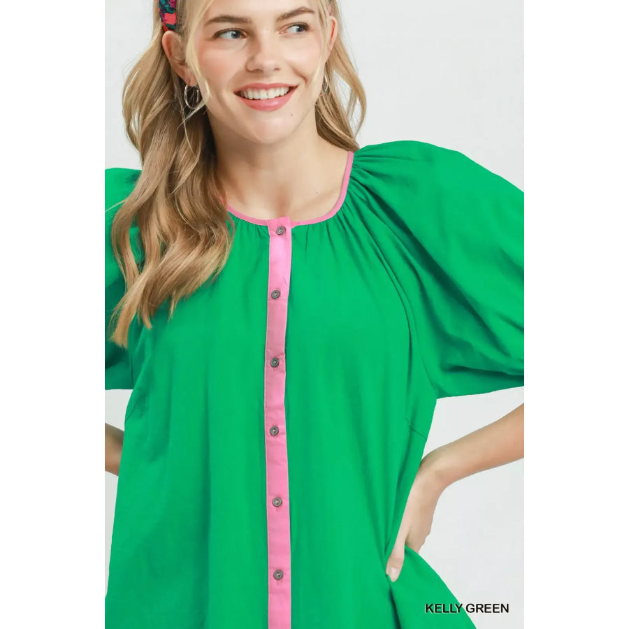 Umgee Contrast Trim Button Front Puff Sleeve Blouse Apparel and Accessories