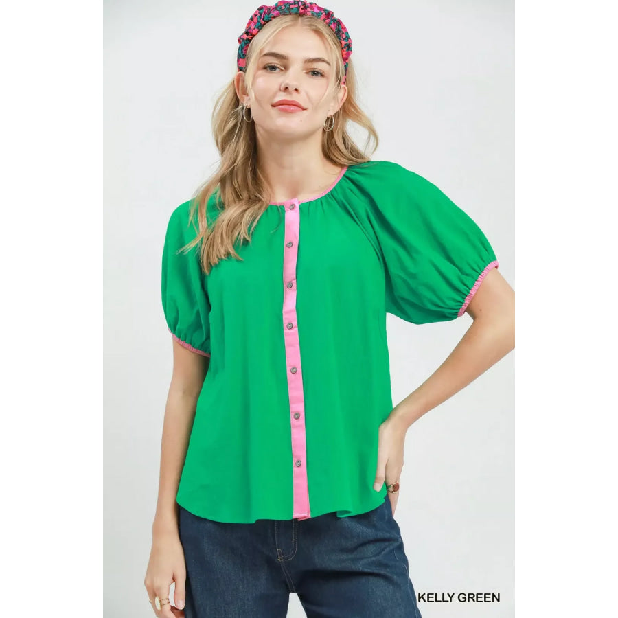 Umgee Contrast Trim Button Front Puff Sleeve Blouse KELLY GREEN / S Apparel and Accessories