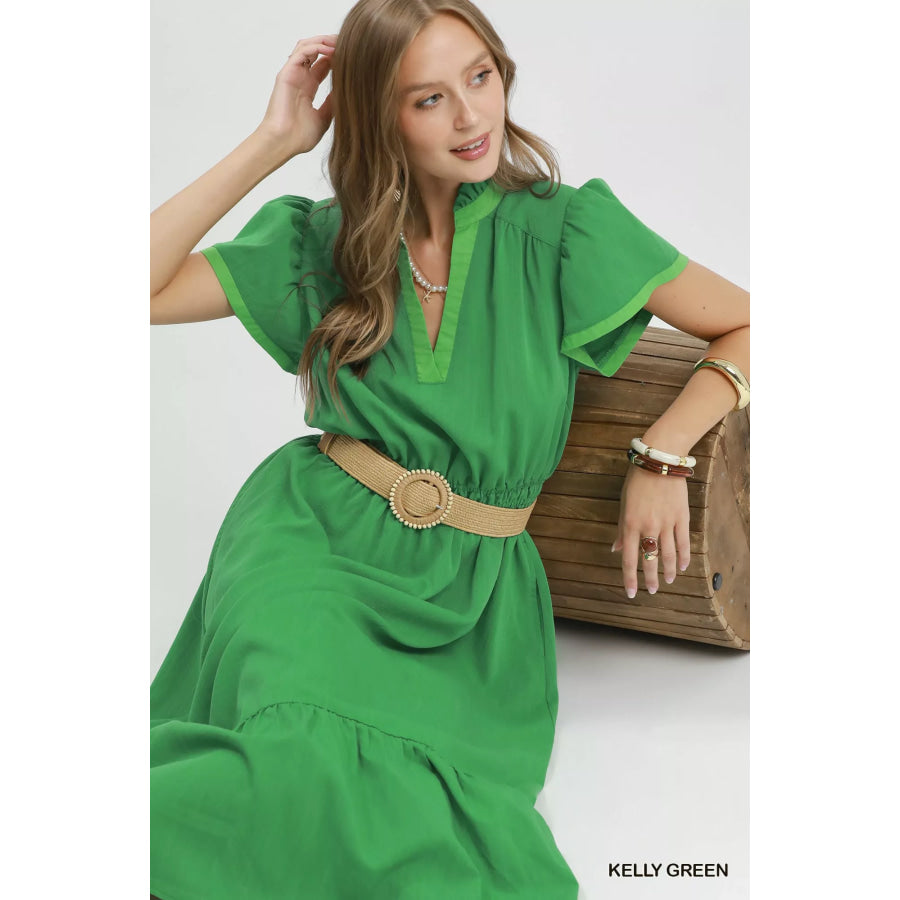 Umgee Contrast Trim Midi Dress with Tiered Ruffle Hem Apparel and Accessories