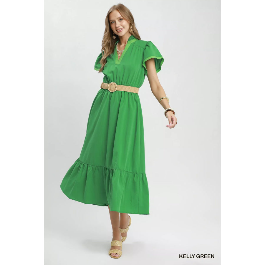Umgee Contrast Trim Midi Dress with Tiered Ruffle Hem Apparel and Accessories