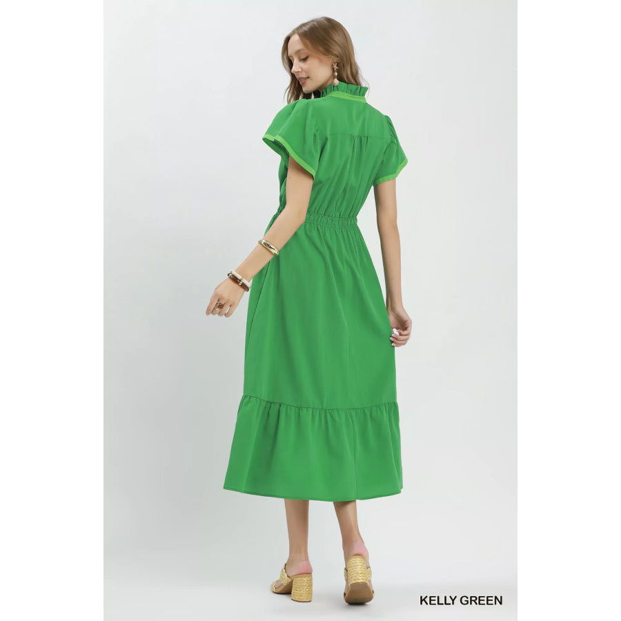 Umgee Contrast Trim Midi Dress with Tiered Ruffle Hem Apparel and Accessories