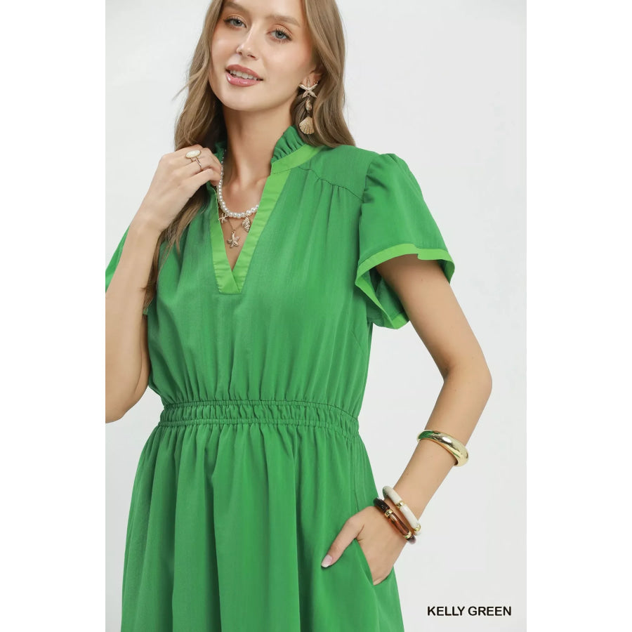 Umgee Contrast Trim Midi Dress with Tiered Ruffle Hem Apparel and Accessories