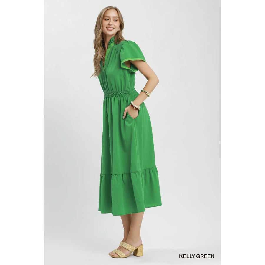 Umgee Contrast Trim Midi Dress with Tiered Ruffle Hem Apparel and Accessories