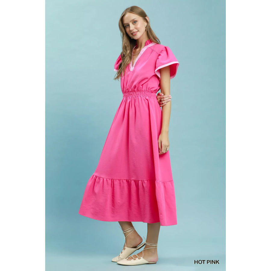 Umgee Contrast Trim Midi Dress with Tiered Ruffle Hem HOT PINK / S Apparel and Accessories