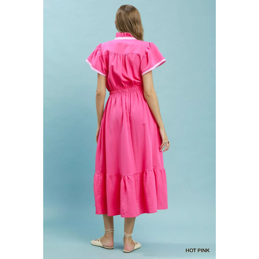 Umgee Contrast Trim Midi Dress with Tiered Ruffle Hem Apparel and Accessories