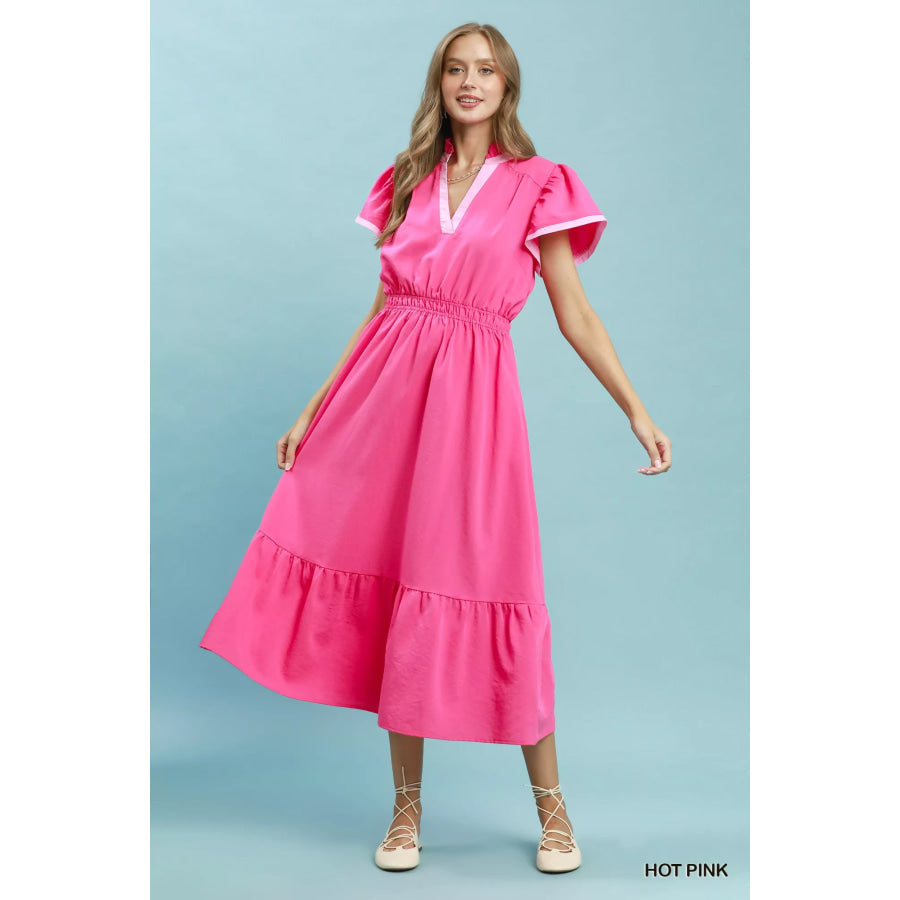 Umgee Contrast Trim Midi Dress with Tiered Ruffle Hem Apparel and Accessories