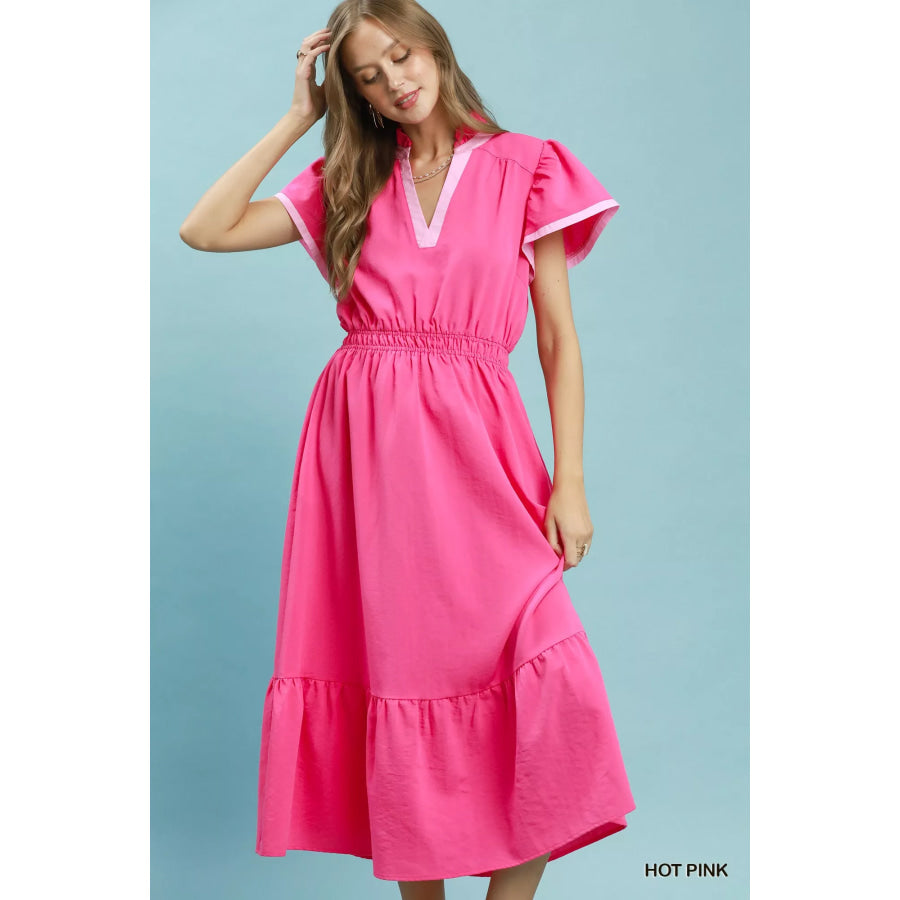 Umgee Contrast Trim Midi Dress with Tiered Ruffle Hem HOT PINK / S Apparel and Accessories
